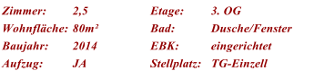 Zimmer: 2,5 Etage: 3. OG Wohnflche: 80m Bad: Dusche/Fenster Baujahr: 2014 EBK: eingerichtet Aufzug: JA Stellplatz: TG-Einzell