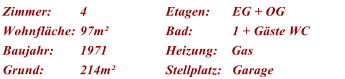 Zimmer: 4 Etagen: EG + OG Wohnflche: 97m Bad: 1 + Gste WC Baujahr: 1971 Heizung:    Gas Grund: 214m Stellplatz: Garage