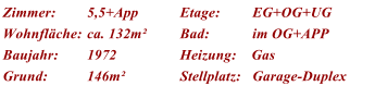 Zimmer: 5,5+App Etage: EG+OG+UG Wohnflche: ca. 132m Bad: im OG+APP Baujahr: 1972 Heizung:    Gas Grund: 146m Stellplatz: Garage-Duplex