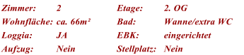 Zimmer: 2 Etage: 2. OG Wohnfl�che: ca. 66m� Bad: Wanne/extra WC Loggia: JA EBK: eingerichtet Aufzug: Nein Stellplatz: Nein