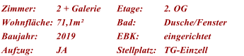 Zimmer: 2 + Galerie Etage: 2. OG Wohnfl�che: 71,1m� Bad: Dusche/Fenster Baujahr: 2019 EBK: eingerichtet Aufzug: JA Stellplatz: TG-Einzell